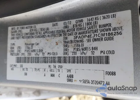 2012 Ford Fiesta Se из США, поврежденный, VIN 3FADP4EJ1CM186256